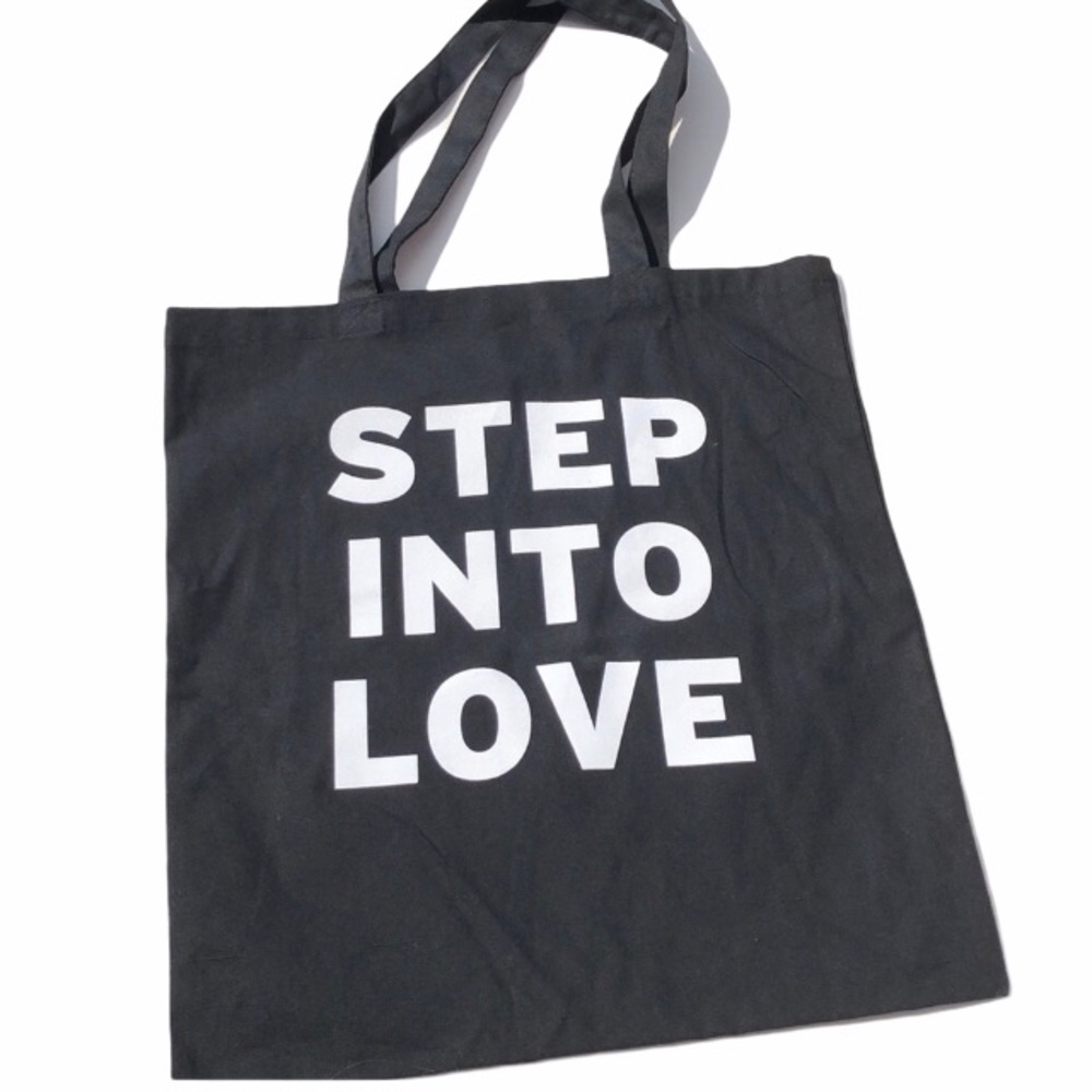 Step into Love black tote 100% Cotton Black white NWOT